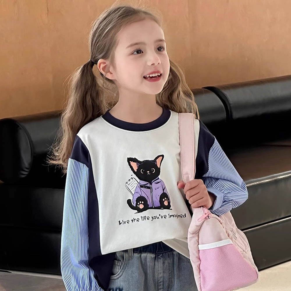 設計感假兩件長袖上衣-貓咪印花-條紋拼袖