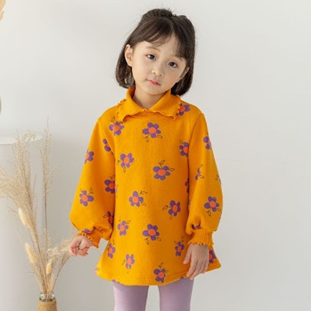 韓國 Orange Mom - 卷卷領可愛花花泡泡袖洋裝-橘黃