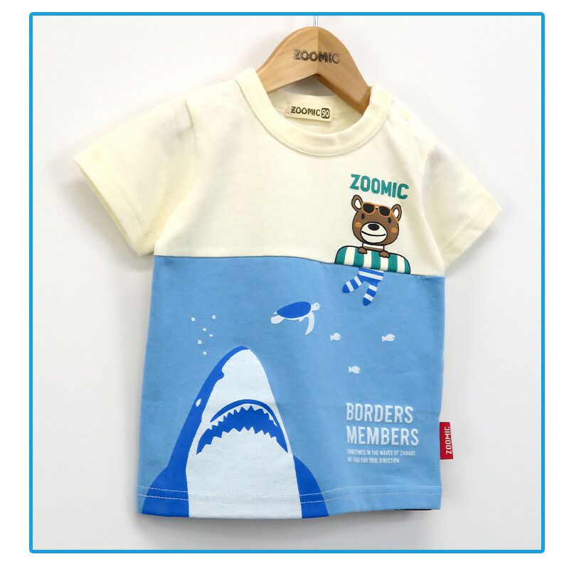 日本 ZOOLAND - 海洋風童趣印花短袖上衣-鯊魚來了-藍綠