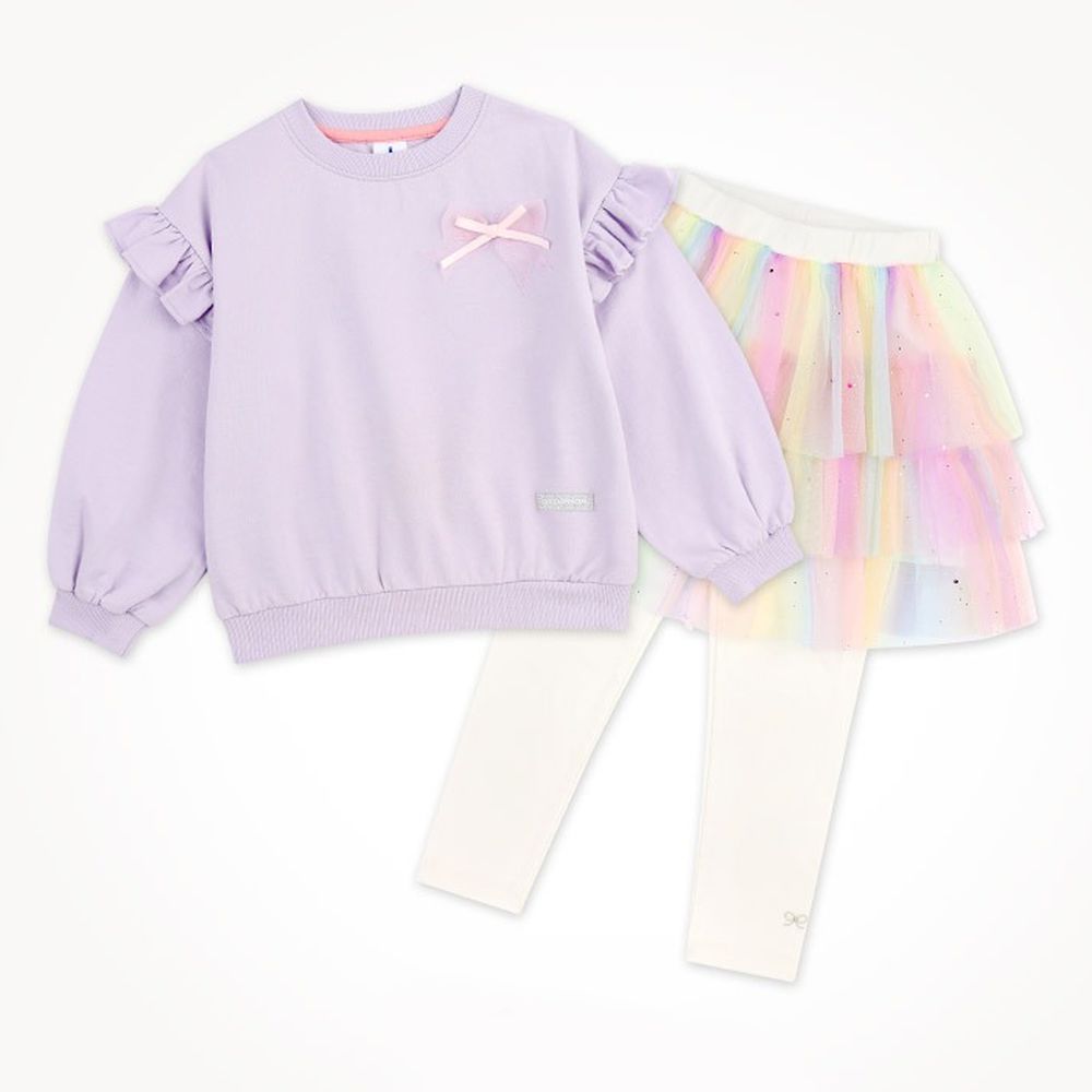 網紗蝴蝶結長袖上衣X亮片彩虹紗裙內搭褲套裝-淺紫X象牙白