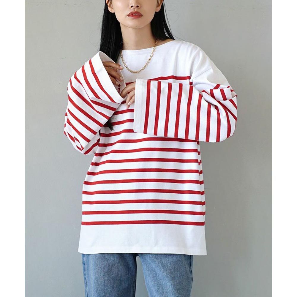 日本 zootie - 抗油污 慵懶感喇叭袖設計上衣-條紋-白x紅