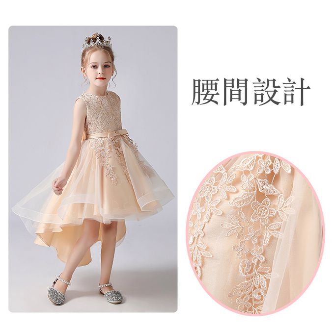 蕾絲圓領前短後長小禮服-淺藍色