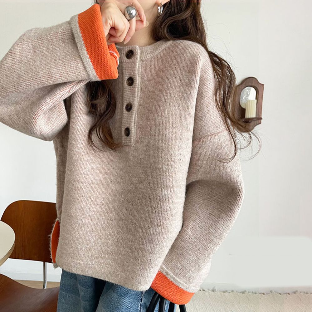 撞色亨利領寬鬆袖針織上衣-杏x橘