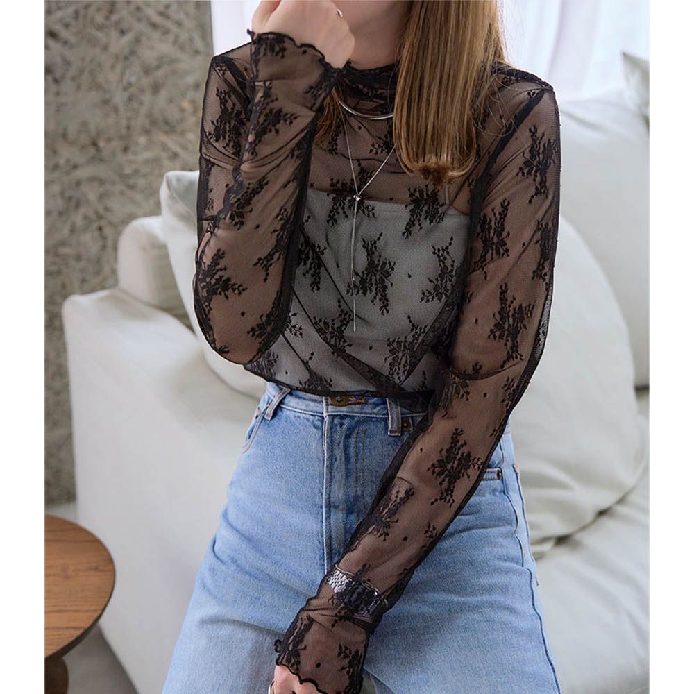 華美透膚內搭長袖上衣-蕾絲花木耳領-黑