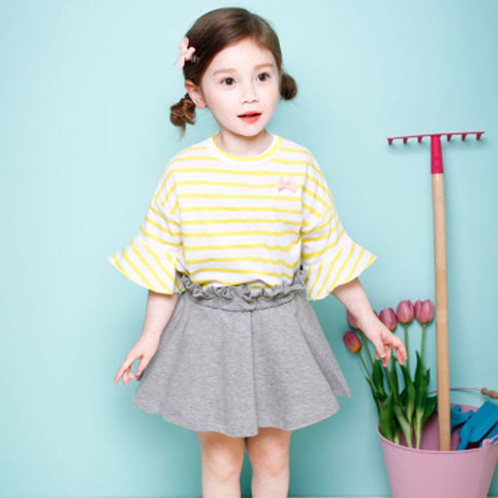 韓國 Jelispoon - 荷葉條紋上衣花苞裙套裝-黃X灰