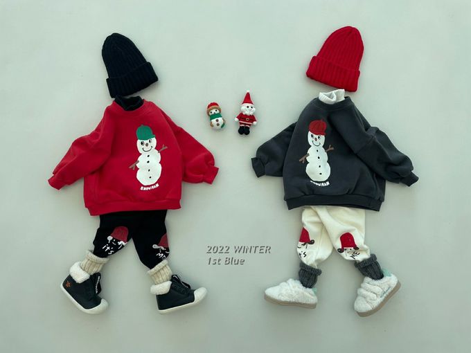 韓國 First Blue - 雪人圓領長袖上衣/聖誕節-紅