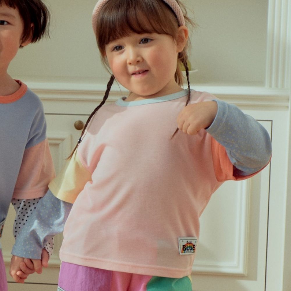 First Blue 假兩件拼色波點長袖上衣-粉