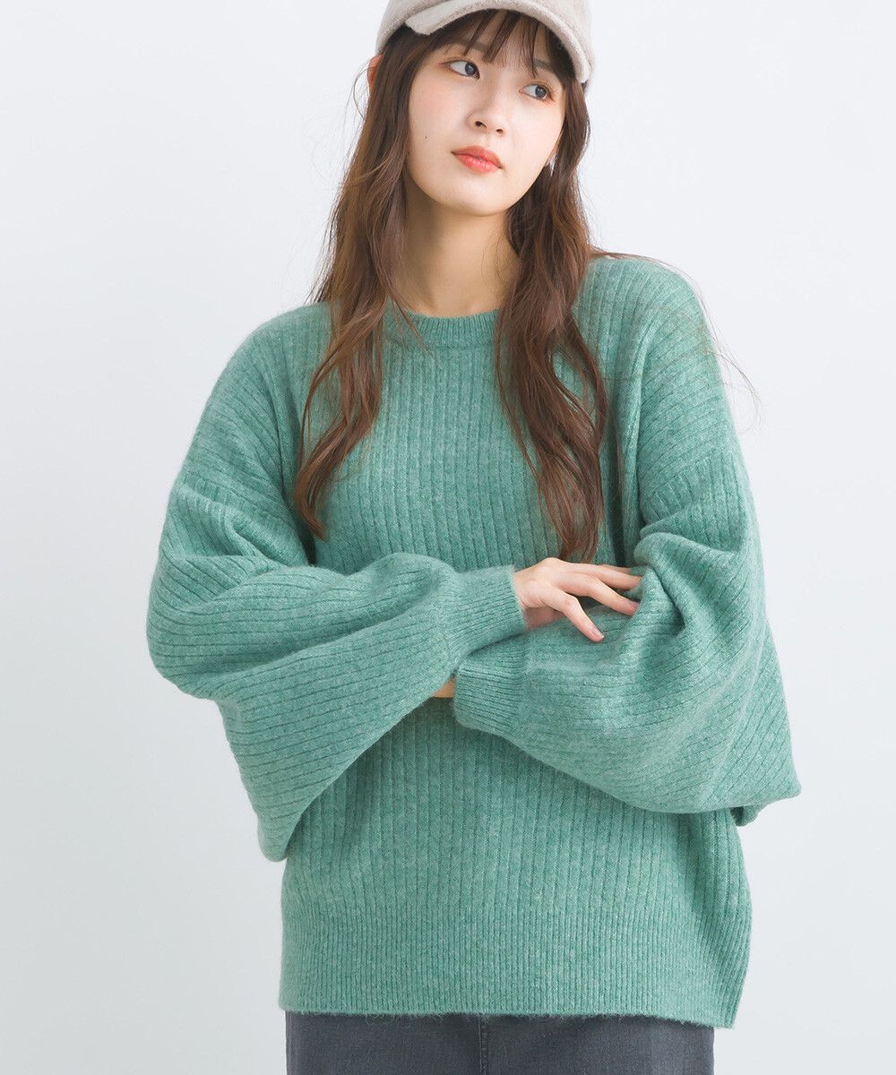 日本女裝代購 - 大寬袖圓領混色針織上衣-米黃