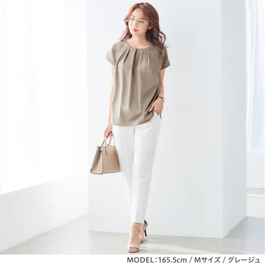 日本 BELLUNA - 四機能 知性皺摺小金屬環設計短袖上衣-白