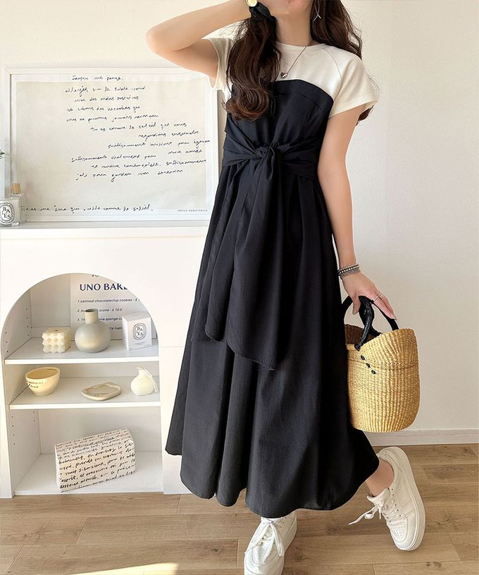 日本 Classical Elf - 綁帶2way清爽拼接感短袖洋裝-白x黑