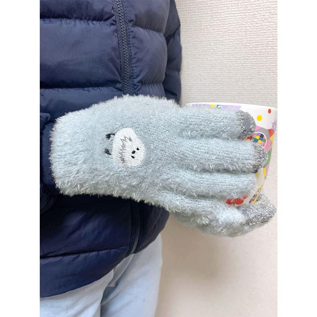 日本 TOMO - 兒童可觸控短絨保暖手套-長尾山雀-水藍