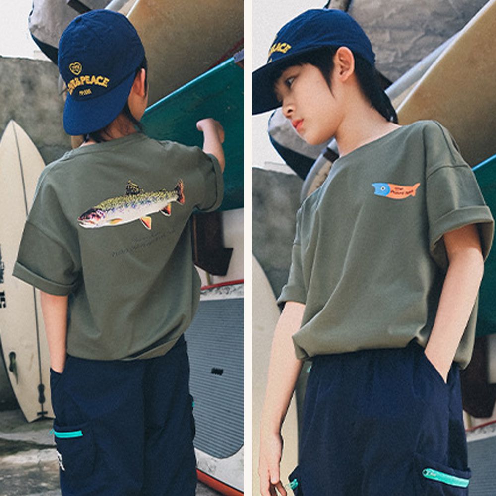 休閒圓領短袖上衣-潮流海魚-綠色