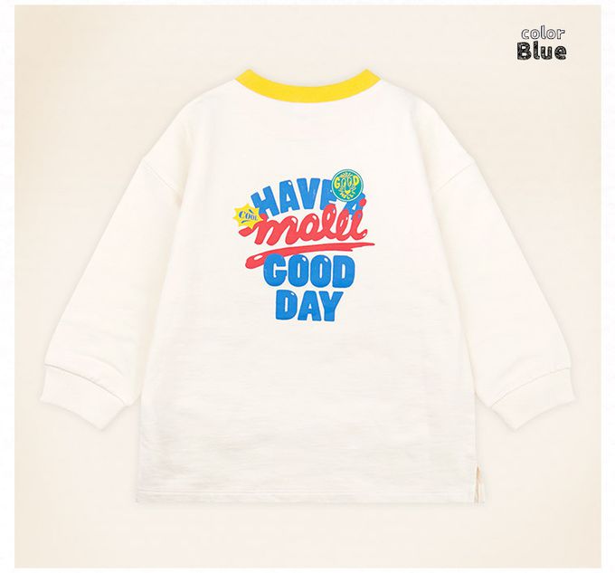 韓國 mollimelli - GOOD DAY文字印長袖套裝-米X寶藍