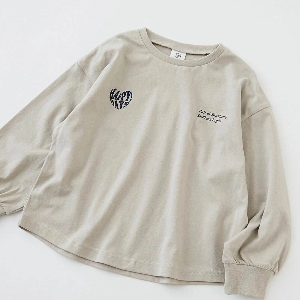 100%棉 定番女孩印花長袖上衣-胸前LOGO-灰杏