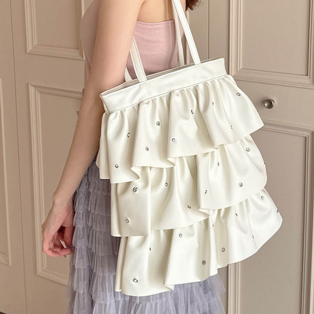 魅力荷葉寶石點綴肩背托特包-象牙白 (F)