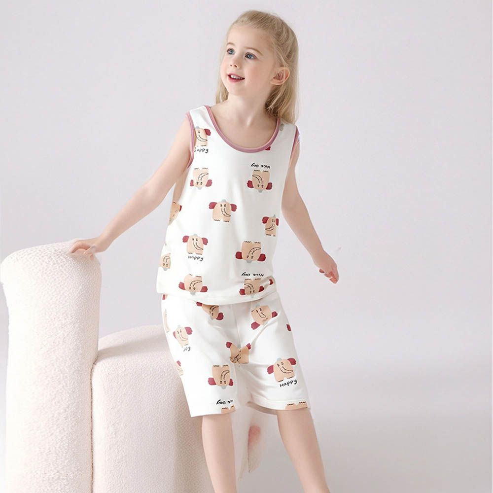 涼感莫代爾無袖套裝/家居服-滿版大象-白色