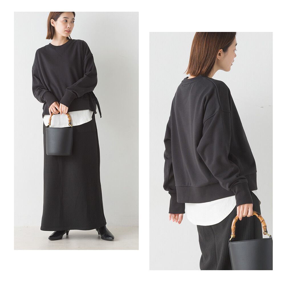 日本 OMNES - 100%棉 側綁帶百搭大學T-黑