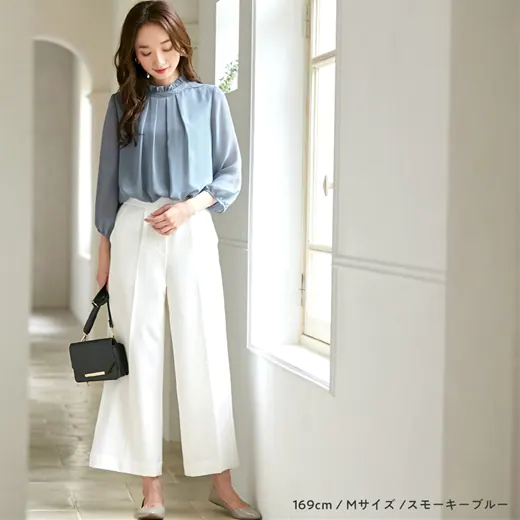 日本 BELLUNA - 優雅抓皺雪紡八分袖上衣-黑