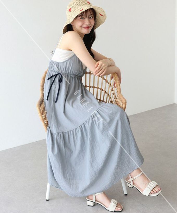 日本 BLUE EAST - 滿分可愛側蝴蝶結細肩帶洋裝-灰藍 (M)