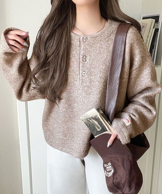 日本 Classical Elf - Java 率性亨利領寬鬆厚針織上衣-灰