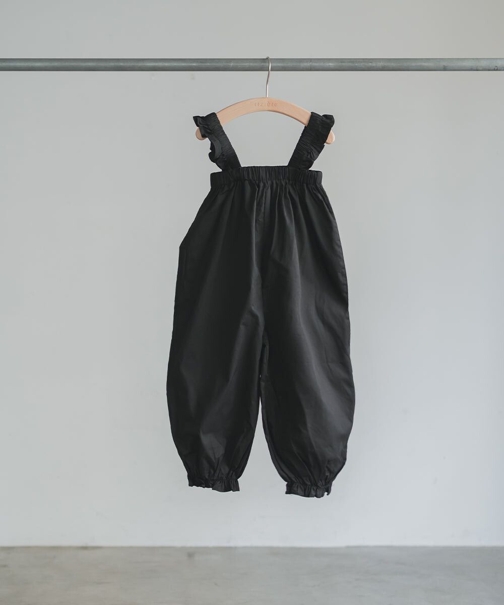 日本 riziere - 可愛荷葉澎澎燈籠吊帶褲-黑