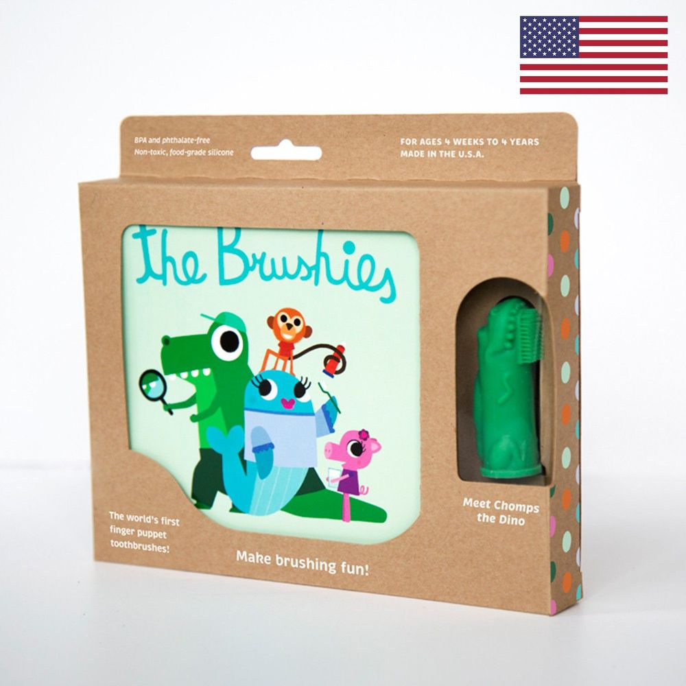 美國 The Brushies - 手指玩偶造型牙刷套組-恐龍阿姆-1本英文童書+1支角色手指牙刷