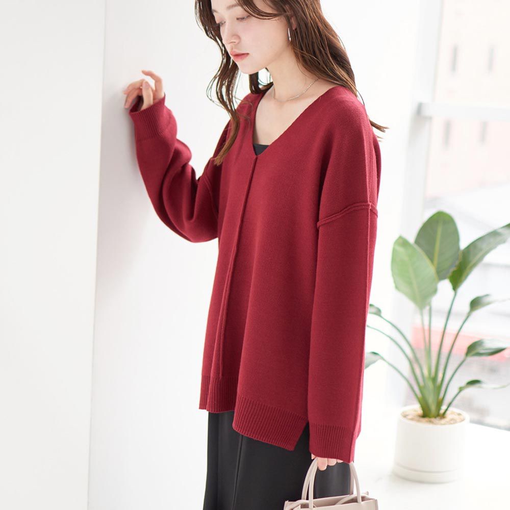 日本 Rejoule - 優雅簡約V領針織毛衣-質感紅