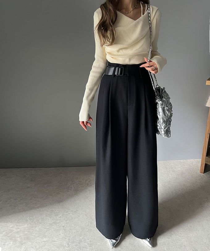 日本 Classical Elf - 腰帶造型粗花呢高腰美腿寬褲-淺杏