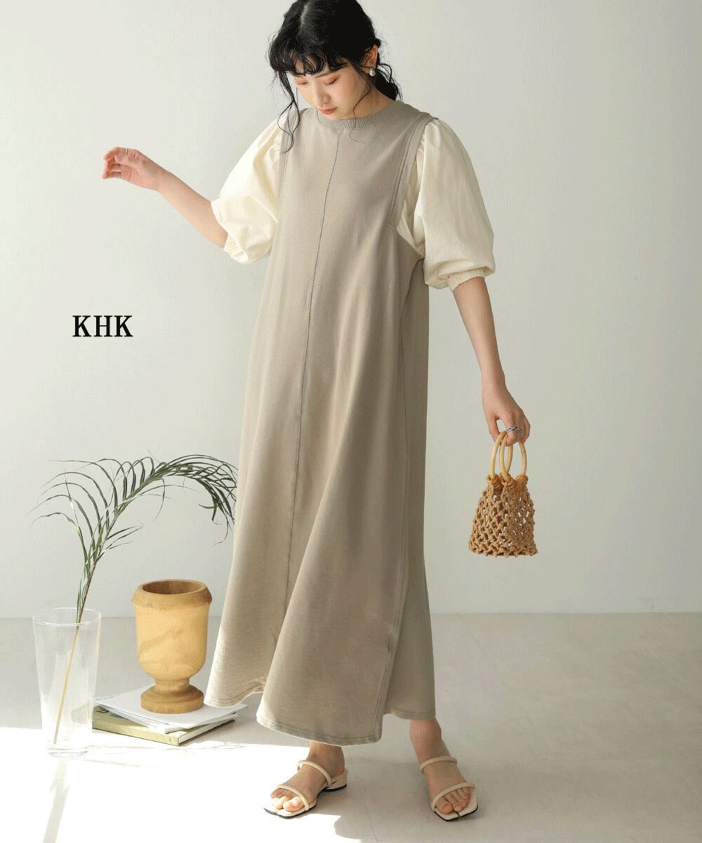 日本 Bou Jeloud - 異材質拼接撞色五分袖長洋裝-杏