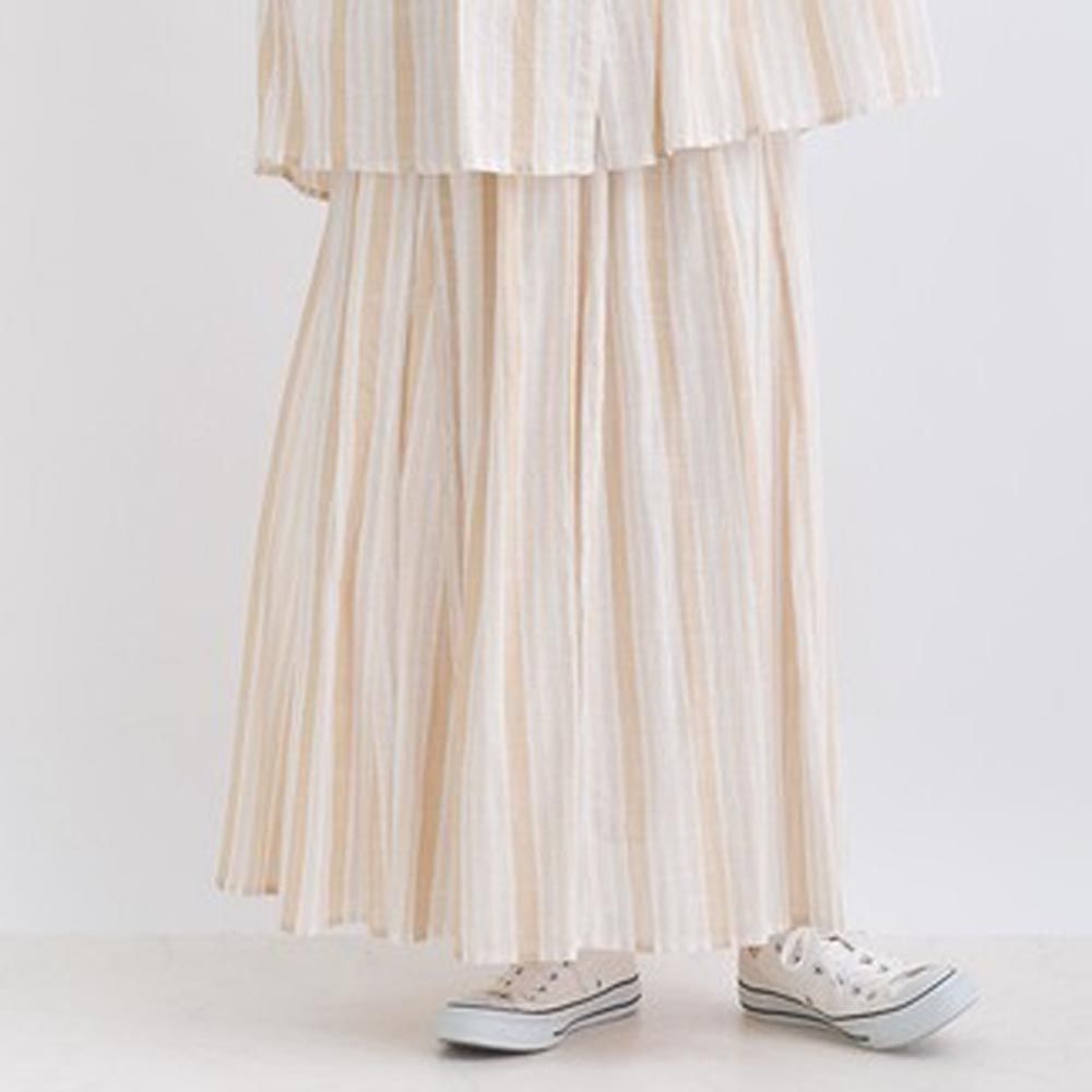 日本 Lupilien - 100%印度棉 自然紗線感長裙-卡其條紋