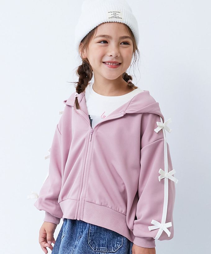 日本 devirock - 甜美蝴蝶結落肩連帽外套-銀灰