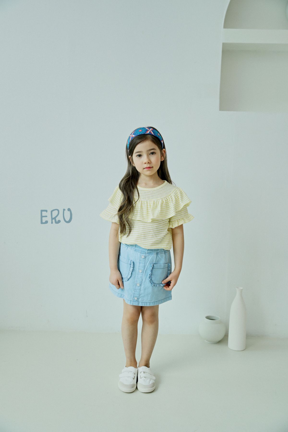 韓國 ERU - 花朵鈕釦雙口袋牛仔褲裙