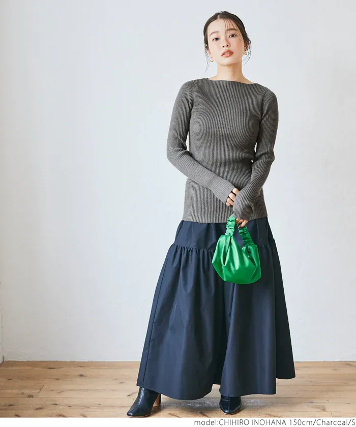 日本 COCA - 極上厚磅 彈性羅紋針織上衣-船型領-黑