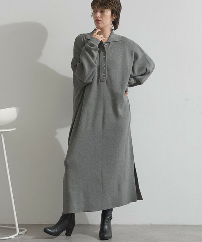日本 Lupilien - 氣質排扣polo衫針織長袖洋裝-灰