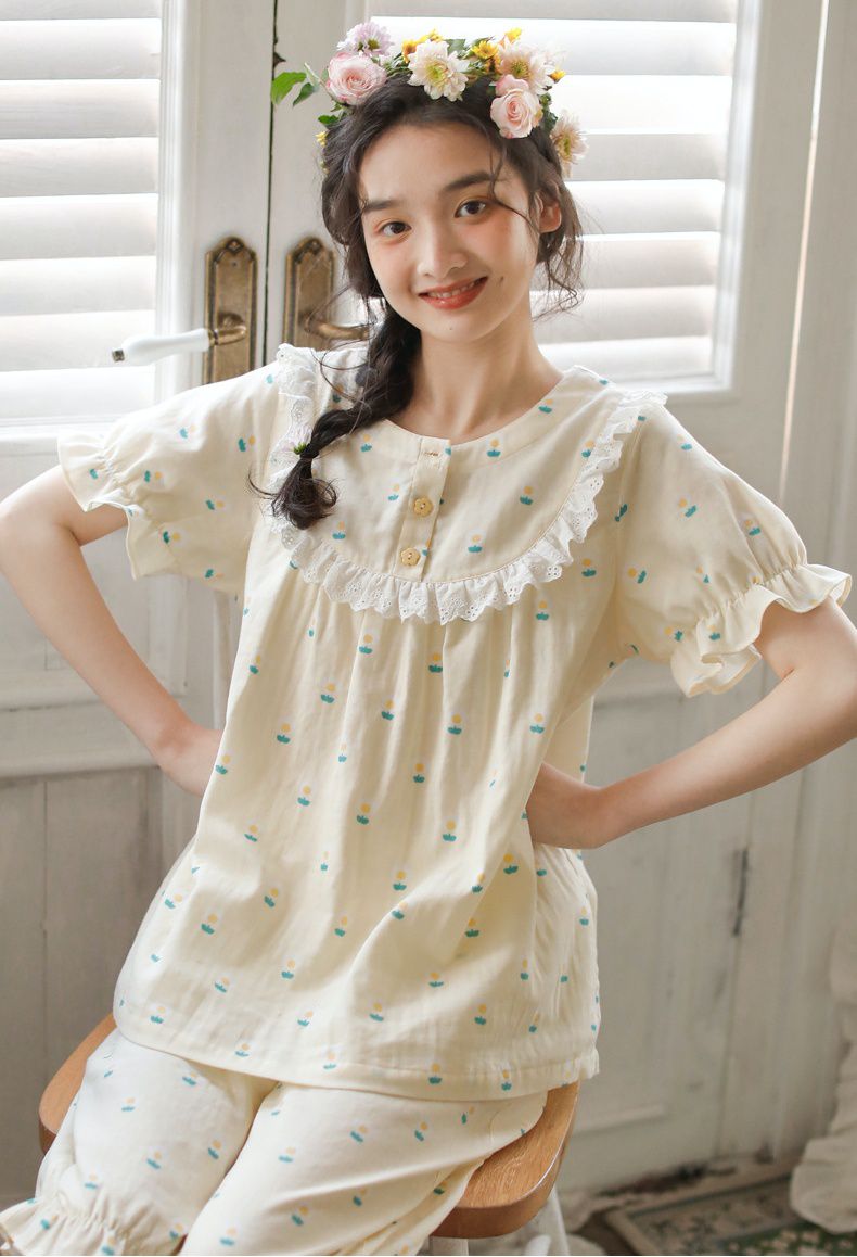 雙層棉紗布透氣家居睡衣套裝-短袖+膝下褲-黃色