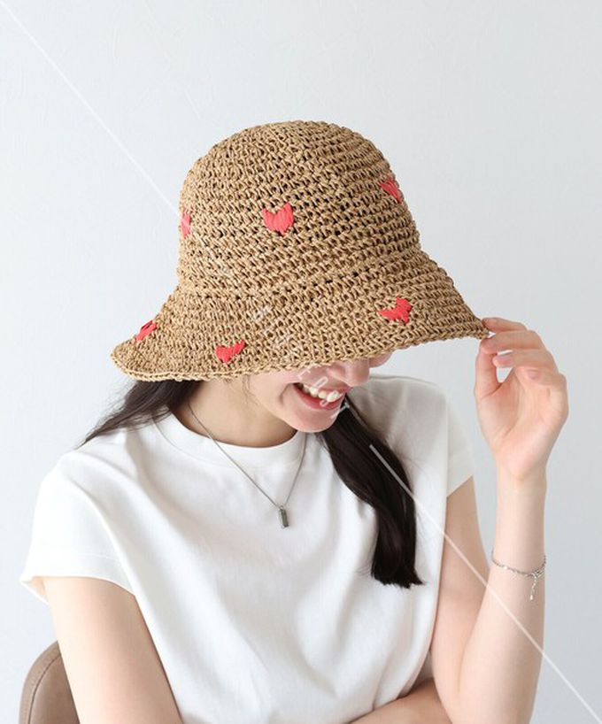 日本 BLUE EAST - 可愛刺繡編織遮陽漁夫帽-淺卡其