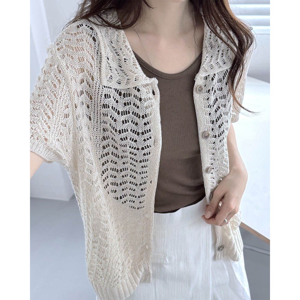 韓製 夏日棉麻翻領短袖針織外套/上衣-燕麥米 (FREE)