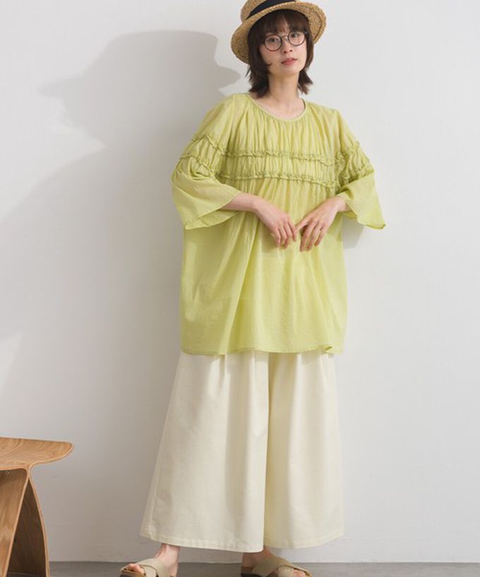 日本 Lupilien - 100%棉 輕盈感皺摺廓形五分袖上衣-藍