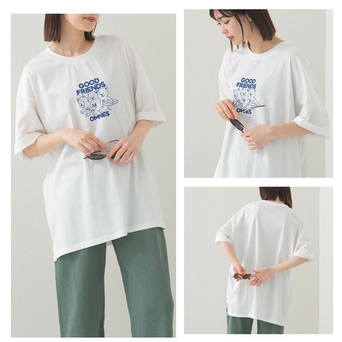 日本 OMNES - 純棉印花休閒短袖上衣-小熊好朋友-白 (M)