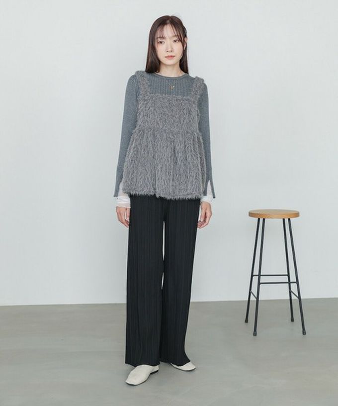 日本 Bab - 光澤修身細百褶舒適長褲-深咖啡