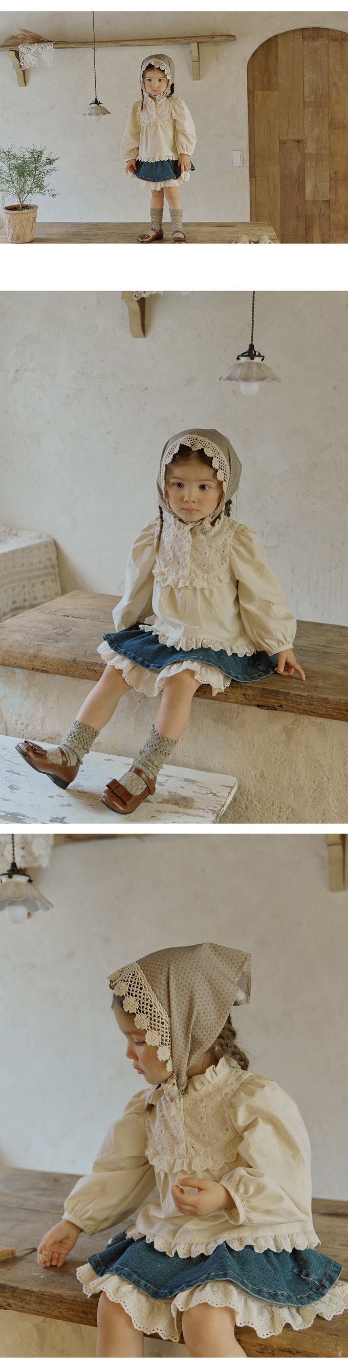 韓國 Puellaflo - 法式布花點綴鈕扣長袖上衣-米杏