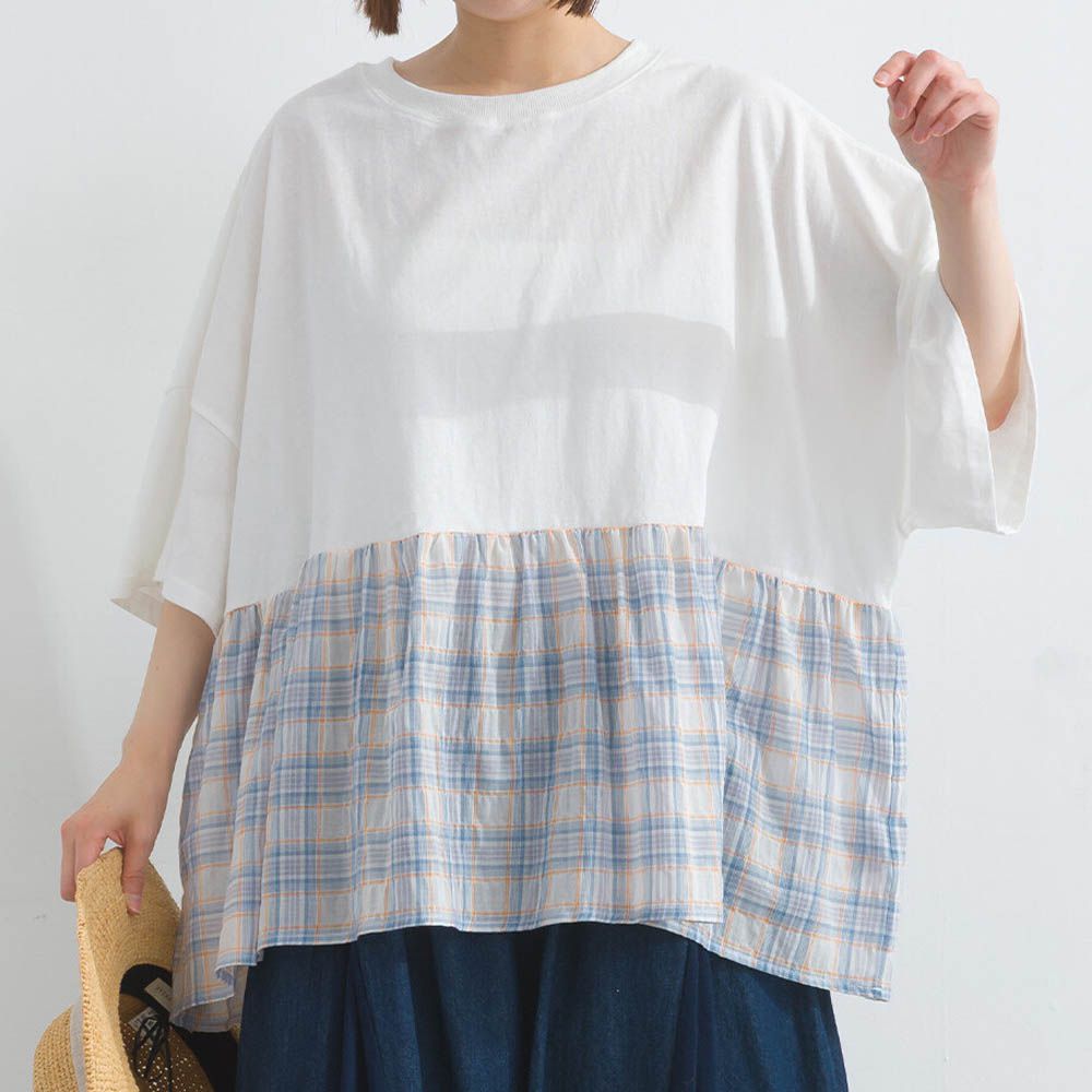 接觸涼感 可愛格紋休閒五分袖上衣-白