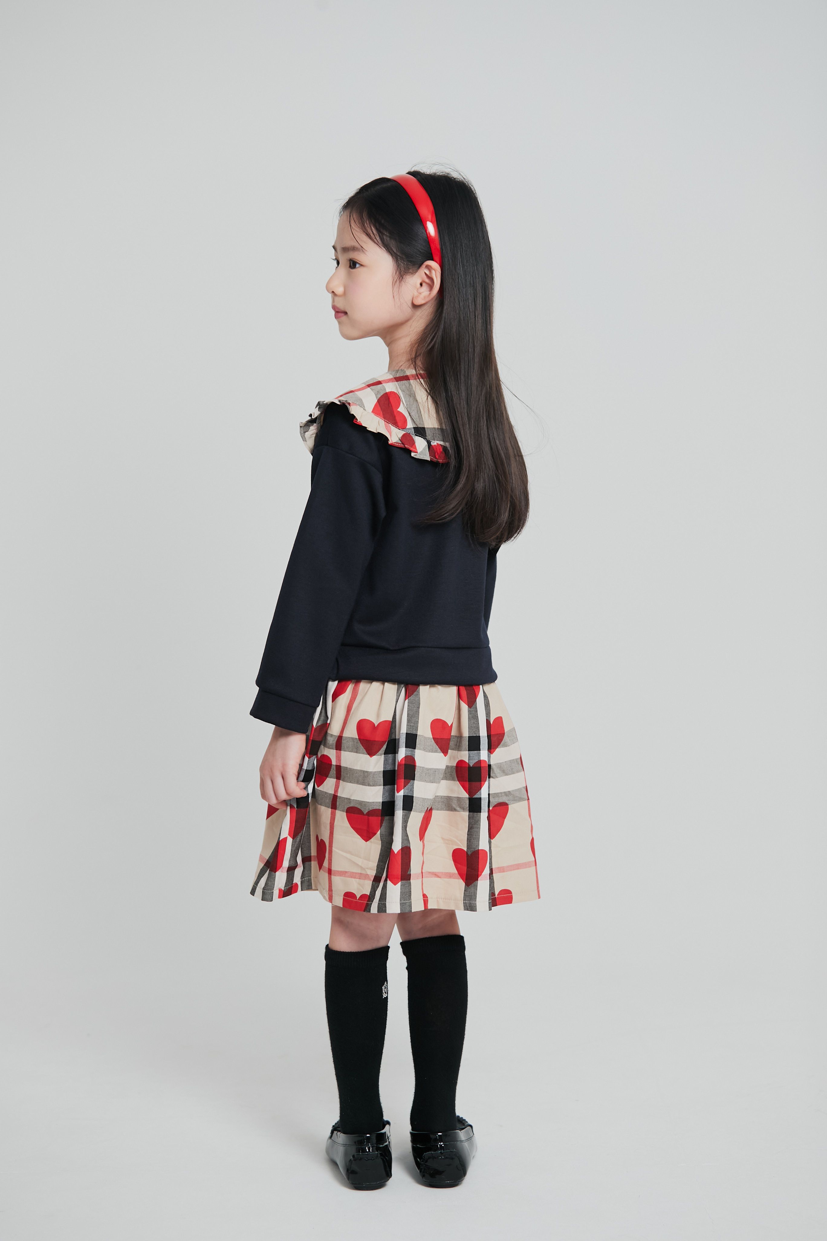 韓國 Coco Bang - 假兩件愛心格紋翻領洋裝-深藍