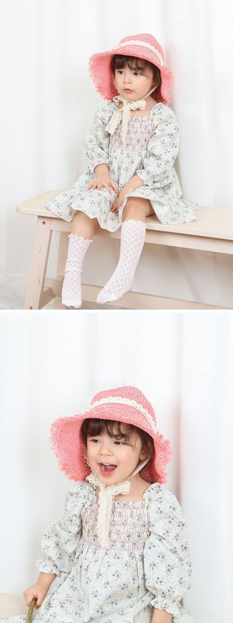 韓國 Babyblee - 鬚邊蕾絲大草帽-玫瑰粉 (頭圍：51-53cm)