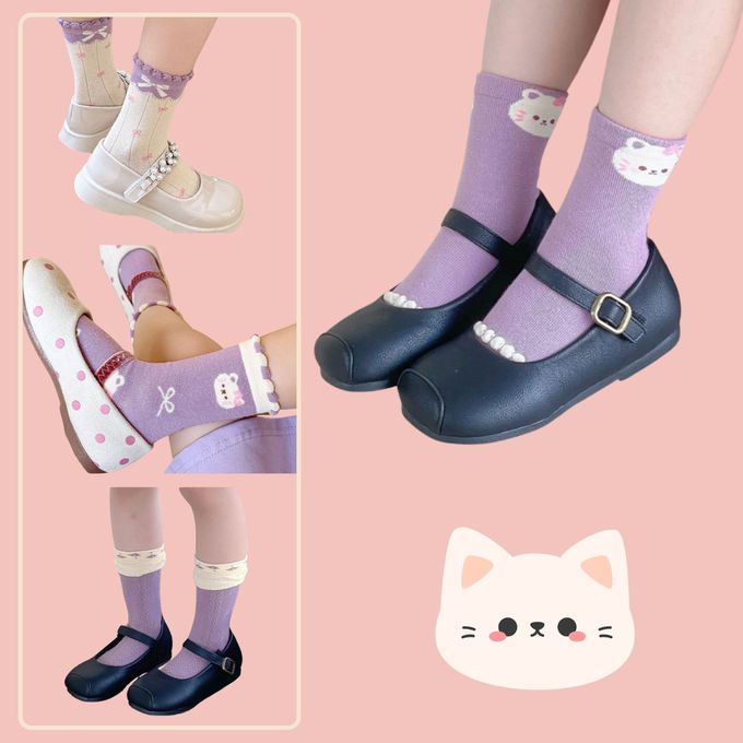 萌萌小花貓防滑點膠中筒棉襪