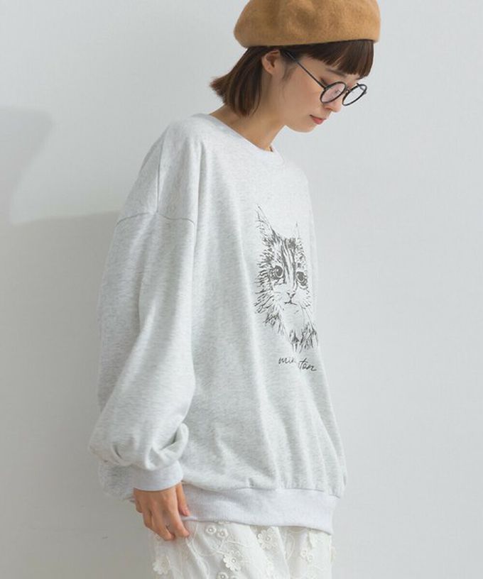 日本 Lupilien - 線條貓咪印花裏毛長袖上衣-酒紅