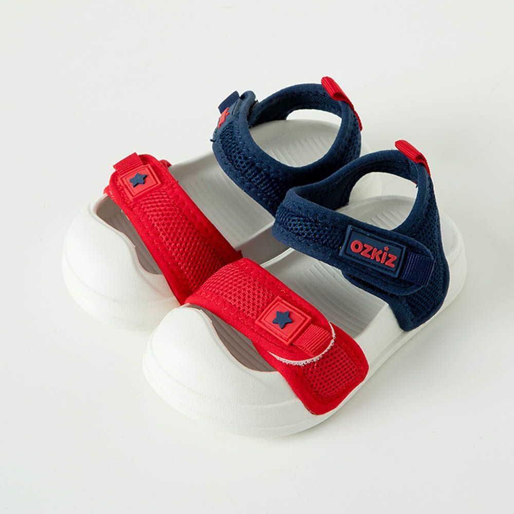 網眼透氣腳趾保護輕量涼鞋-紅X海軍藍