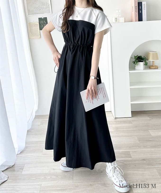 日本 Classical Elf - 法式袖拼接縮腰抽繩洋裝-炭灰x黑