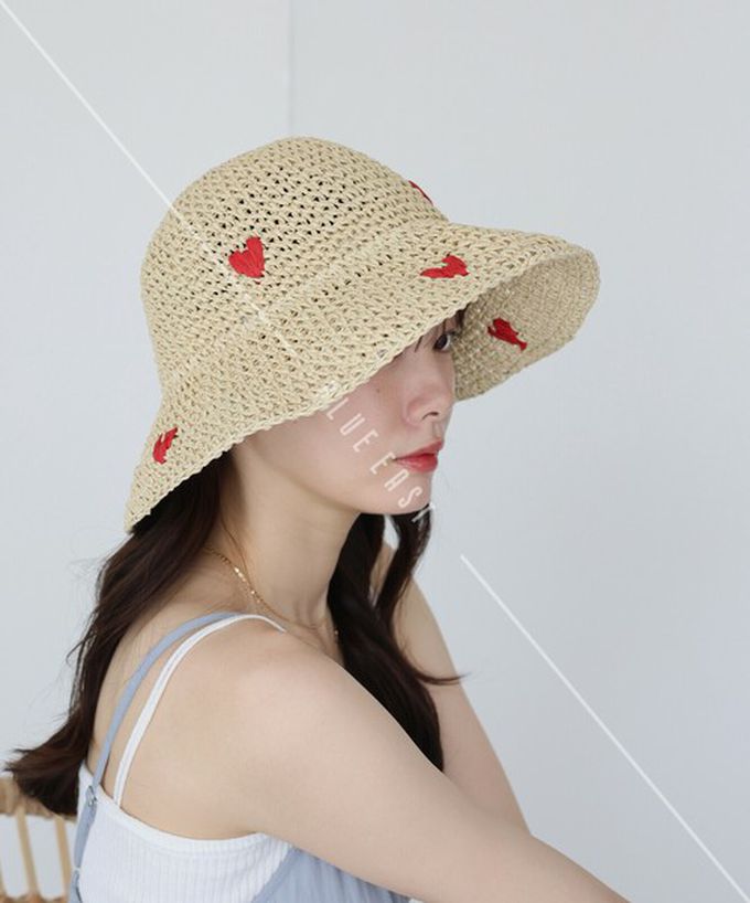 日本 BLUE EAST - 可愛刺繡編織遮陽漁夫帽-淺卡其