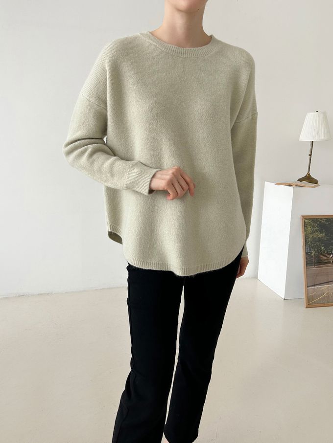 韓國女裝連線 - 極簡針織弧形下擺上衣-淺粉 (FREE)